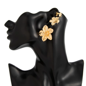 Detailansicht von drei goldfarbenen Blumenohrringen auf einem schwarzen Silhouettenmodell
