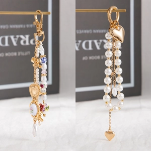 Vintage Alloy Ceramic Imitation Artificial Pearl Heart Keychain For Women Fashion Bow Tassel Bag Charm Pendant Gift Accessory