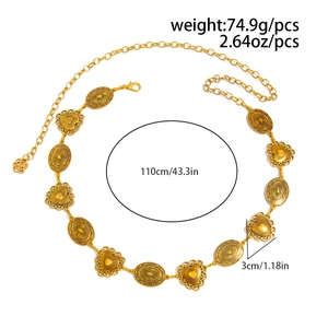 Detailed view of bohemian gold heart chain belt showing 110cm length and 3cm width