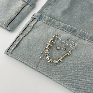 Creative silver safety pin brooch with multi-layered metal chains and star heart charms