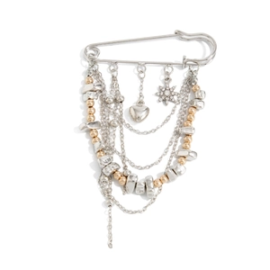 Irregular CCB beaded chain brooch with metallic heart pendant and tassel layers