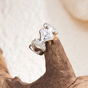 Detailopname van een zilveren ring met lavatectuur op een natuurlijke houten tak