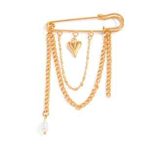 Gold safety pin brooch with heart pendant, metal chains and faux pearl tassels