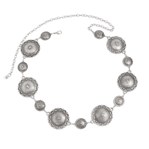 Vintage silver metal body chain with sun flower embossed round discs and lobster clasp