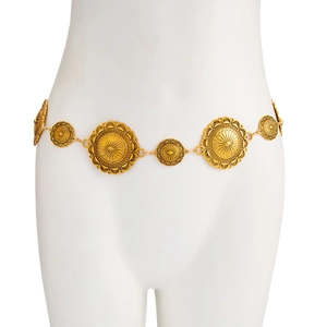 Detailed view of bohemian gold metal waist chain with vintage green faux turquoise accents