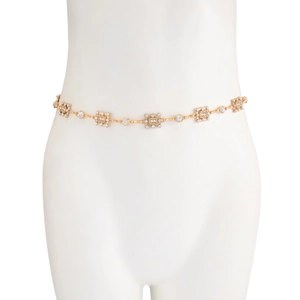Detailed view of golden alloy waist chain featuring rhinestone inlaid square hollow links