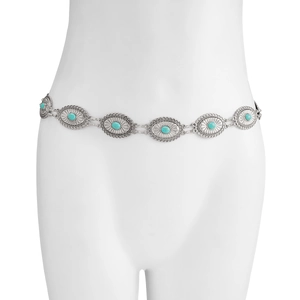 Detailed close-up of retro ethnic waist chain with round floral discs and blue stones