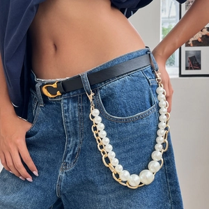 Catena da Vita Donna Doppio Strato Metallo Oro Maglia Grossa Künstliche Perle d'Imitazione Pendente Pantaloni per Jeans Punk Streetwear Gioielli
