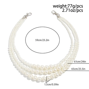 Detailed view of triple-layer pearl chain with silver lobster clasps and size dimensions