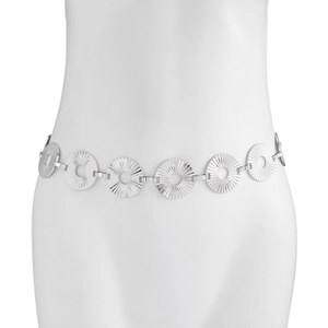 Detailed view of silver metal body chain with sunburst texture and hollow circular links