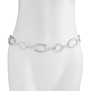 Detail view of silver hollow geometric metal waist chain with circular and oval linked rings