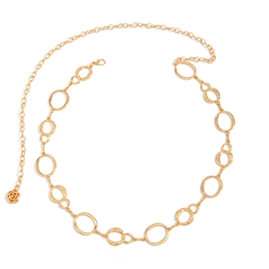 Gold hollow circular chain belt with embossed texture rings and rose pendant