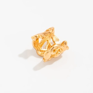 Macro detail van vintage gouden oormanchet met barokke textuur en rustieke finish