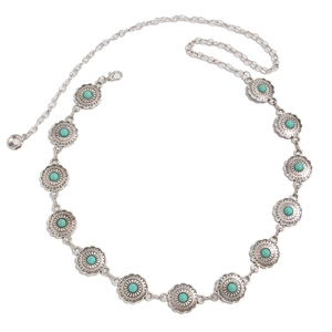 Bohemian silver tone metal body chain featuring turquoise beads and circular motifs
