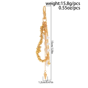 Detail view of multi-layer heart charm keychain with pearls and dimensions shown