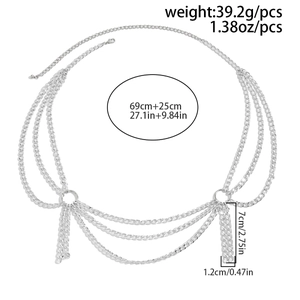 Detailed view of multilayer silver body chain with gothic cross tassels and dimensions