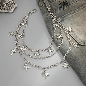 Multilayer silver pant chain with four-pointed star pendants in punk and Y2K style