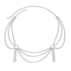 Detail of silver multi-layer body chain with hollow cross pendants and lobster clasp