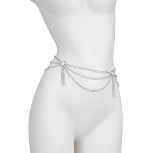 Detail of silver multilayer metal waist chain with cross tassels on a white mannequin