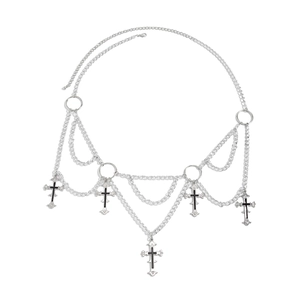 Detailed view of Gothic cross pendants with black centers and rhinestones on silver chain