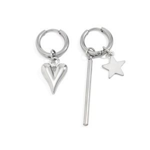Asymmetric silver hoop earrings with heart, star, and cylinder pendants in high polish