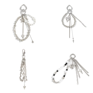 Y2K style heart and star charm keychains with pearls and silver metallic beads