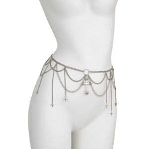 Macro shot of silver multi-layer waist chain with hollow cross and star pendants