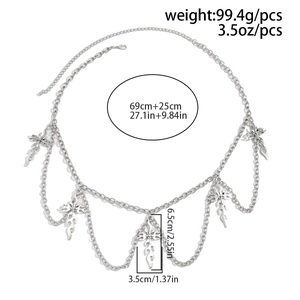 Silver multi-layer waist chain with cross and flame pendants and dimension markings