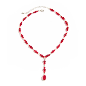 Detailed view of Gothic Y-shaped necklace with red crystal beads and drop pendant