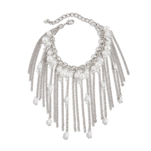 Dettaglio della collana a catena argento con perle finte e design a nappe multistrato