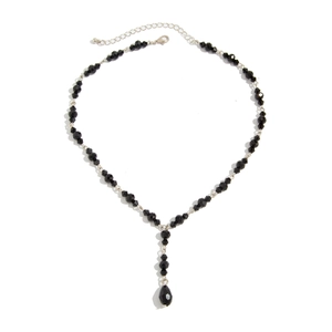 Gothic beaded choker with black faceted beads and teardrop pendant in silver finish