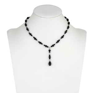 Detailed view of gothic Y-shaped necklace featuring black faceted beads and teardrop pendant