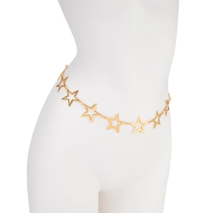Detail einer goldenen Stern-Taillenkette mit hohlen Anhängern an einem weißen Mannequin