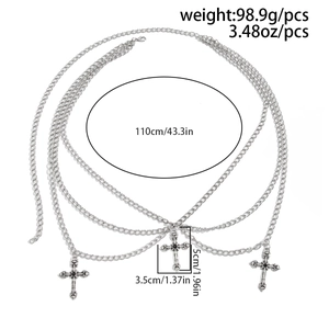 Silver multi-layer waist chain detailed with hollow gothic cross pendants and dimensions