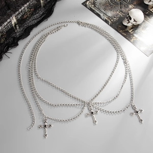 Gothic silver metal waist chain with triple layers, cross pendants, and black gems