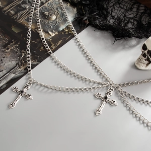 Gothic silver metal chain body ornament with cross pendants and black gemstones detail