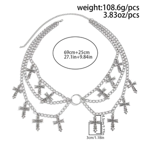 Detail showing gothic silver cross pendants on multi-layer waist chain with size markings