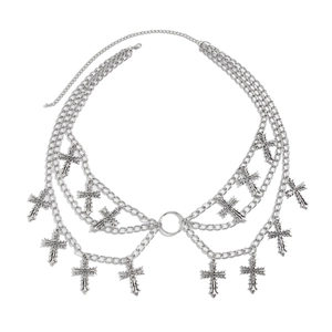 Punk style silver layered body chain with hollow cross pendants and adjustable lobster clasp