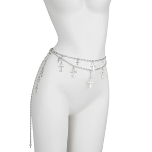 Detail of silver layered waist chain with Ankh cross pendants on a white mannequin