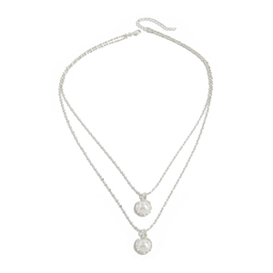 Double layer silver necklace with liquid metal wrinkle pendants and faux pearls