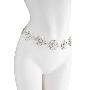 Detail of silver star-pendant metal waist chain on mannequin waist showing hip jewelry