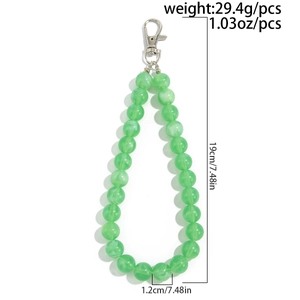 Detail showing green marble acrylic beads strap with silver metal lobster clasp and dimensions