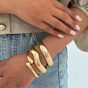 Polished gold water drop open bangles and wavy geometric cuff bracelet set for women