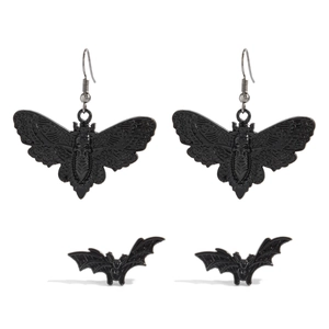 Gothic Ohrringe mit schwarzer Motte, Totenkopf-Muster und kleinen Fledermaus-Steckern