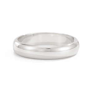 Close-up of polished silver water drop bangle with a hidden side hinge opening