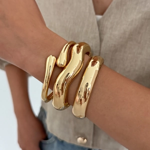 Minimalist Alloy Wave Open Bangle Water Drop Mirror Polished Bracelet For Women Gold Silver Fashion Jewelry Accessory