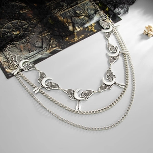Gothic silver moon and bat wing body chain with triple layer metal links for women
