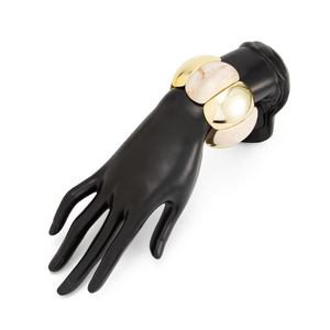 Close-up of gold-plated CCB and marble-textured resin tiles on elastic chunky bracelet