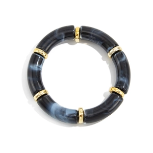 Modern marble resin and gold beads stretch bracelet with minimalist bamboo tube style