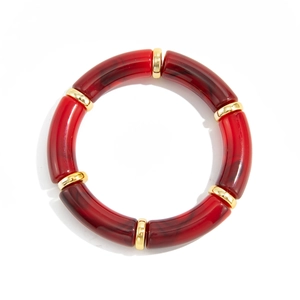 Retro red marble resin stretch bracelet with golden metal spacers in a bamboo style
